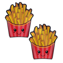 Load image into Gallery viewer, Fry: Happy Kawaii French Fries Nipple Pasties by Pastease. Two French fry chip packet box with kawaii heart blush faces nipple covers on a white background. Perfect for a festival, pride, burlesque performance, only fans content or a party.
