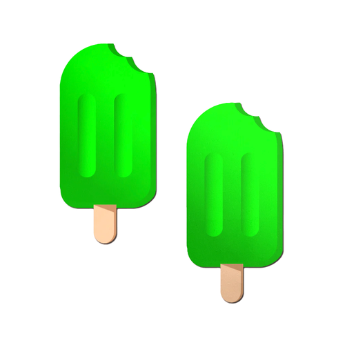 Popsicle: Lime Green Ice Pop Nipple Pasties by Pastease®. Neon green ice pop pole lolly with a brown stick nipple covers on a white background. Perfect for a festival, pride, burlesque performance, only fans content or a party.
