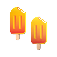 Load image into Gallery viewer, Popsicle: Orange Ice Pop Pasties by Pastease® o/s. Two orange creamsicle ice pop pole lolly with a brown stick nipple covers on a white background. Perfect for a festival, pride, burlesque performance, only fans content or a party.
