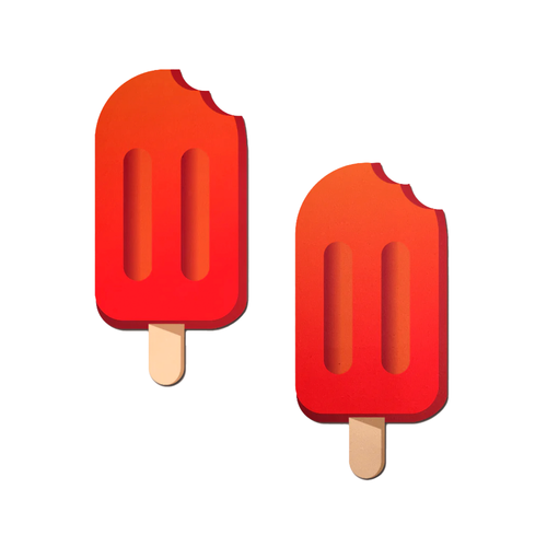 Popsicle: Cherry Red Ice Pop Pasties by Pastease®. Two cherry red ice pop pole lolly with a brown stick nipple covers on a white background. Perfect for a festival, pride, burlesque performance, only fans content or a party.