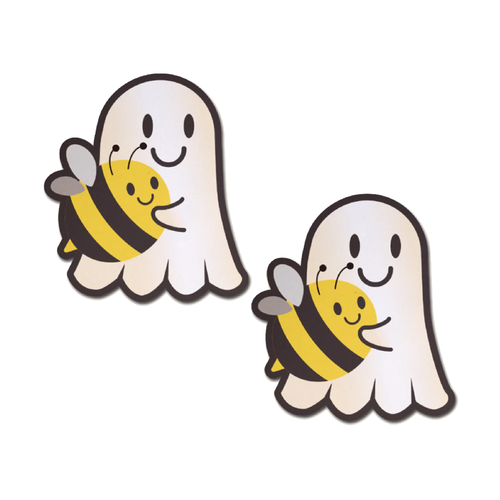 Boo-Bee: Kawaii Ghost with Bee Friend Pasties by Pastease® o/s. Two smiley ghosts holding smiling bees nipple covers on a white background. Perfect for a festival, pride, burlesque performance, only fans content or a party.