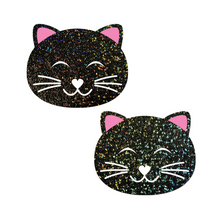 Load image into Gallery viewer, Kitty Cat: Happy Black Glitter Pasties by Pastease® o/s. Two glittery black cat shaped nipple covers on a white background. Perfect for a festival, pride, burlesque performance, only fans content or a party.
