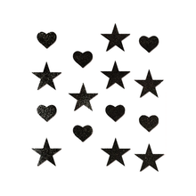 Load image into Gallery viewer, Pastease Confetti: Liquid Black Baby Heart &amp; Star Body Pasties by Pastease®. Mini shiny black hearts and stars body stickers shown on a white background. For festivals, pride, burlesque, raves or parties.
