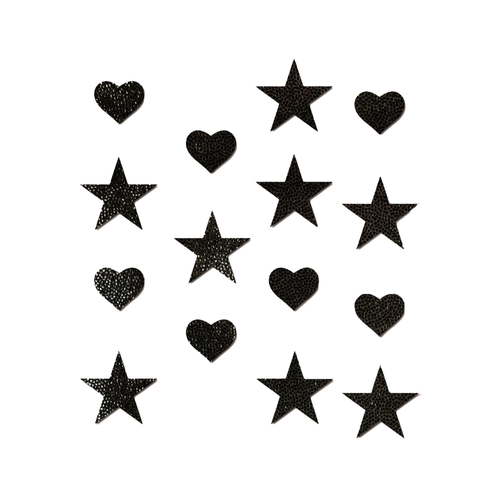 Pastease Confetti: Liquid Black Baby Heart & Star Body Pasties by Pastease®. Mini shiny black hearts and stars body stickers shown on a white background. For festivals, pride, burlesque, raves or parties.