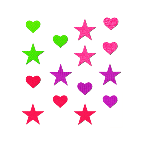 Pastease Confetti: Neon Green, Red, Pink & Purple Baby Star & Heart Body Pasties by Pastease. Neon green, neon pink, neon purple and neon red mini hearts and stars body stickers on a white background. Perfect for a festival, pride, burlesque performance, only fans content or a party.
