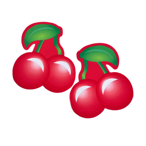 The Cherry: Bright Red Cherries with Green Leaf & Stem Nipple Pasties by Pastease. Two bright red cherries with green stems and leaf on a white background. Perfect for a festival, pride, burlesque performance, only fans content or a party.