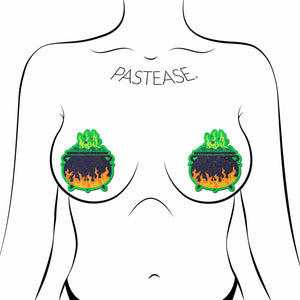 green black and orange bubbling cauldron nipple cover pasties with glittery finish shown on a femme body outline for size reference on a white background.