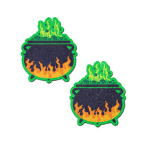 Load image into Gallery viewer, green black and orange bubbling cauldron nipple cover pasties with glittery finish. Perfect for a festival, pride, burlesque performance, only fans content or a party.
