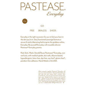 Pastease Everyday text reading Go Free, Go Braless, Go Sheer in a gold font.