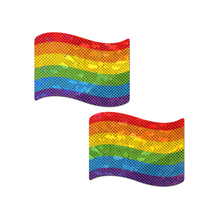 Load image into Gallery viewer, Flag: Gay Rainbow Waving Flag Pasties by Pastease® o/s. Two rainbow stripe pride flag shaped nipple covers on a white background. Perfect for a festival, pride, burlesque performance, only fans content or a party.
