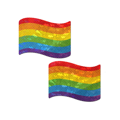 Flag: Gay Rainbow Waving Flag Pasties by Pastease® o/s. Two rainbow stripe pride flag shaped nipple covers on a white background. Perfect for a festival, pride, burlesque performance, only fans content or a party.