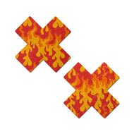 Plus X: Flaming Sparkle Cross Nipple Pasties by Pastease® o/s. Two glittery flame cross nipple covers on a white background. Perfect for a festival, pride, burlesque performance, only fans content or a party.