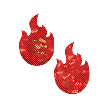 Load image into Gallery viewer, Flame: Red Fire Disco Ball Glitter Pasties by Pastease® o/s. Two red metallic flame shaped nipple covers on a white background. Perfect for a festival, pride, burlesque performance, only fans content or a party.
