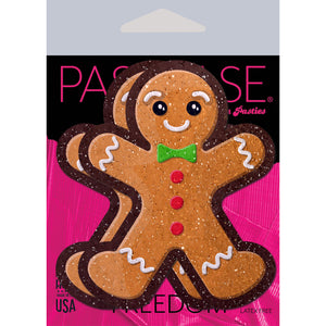 Gingerbread Man Woman Christmas Holiday Nipple Pasties by Pastease® o/s. Two gingerbread man shaped nipple covers on a white background. Perfect for a festival, pride, burlesque performance, only fans content or a party.
