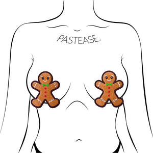 Gingerbread Man Woman Christmas Holiday Nipple Pasties by Pastease shown on a femme body outline for size reference on a white background.