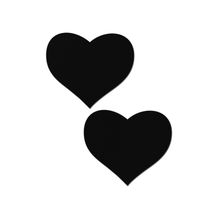 Load image into Gallery viewer, Love: Matte Black Heart Nipple Pasties by Pastease®.  Two matte black heart shaped nipple covers shown on a white background. Perfect for a festival, pride, burlesque performance, only fans content or a party.
