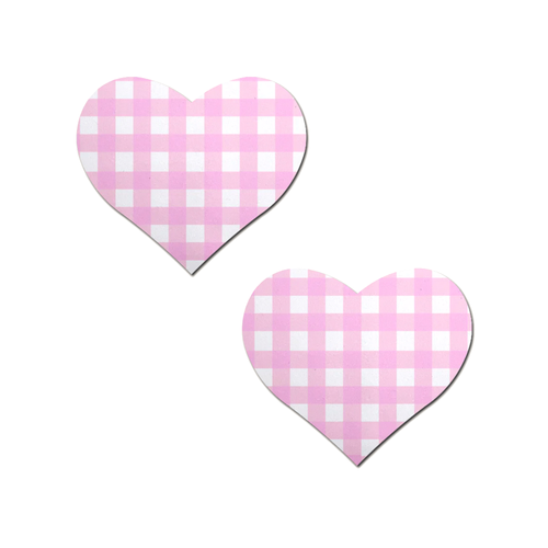 Love: Pink Gingham Heart by Pastease®. Two pink gingham check pattern heart shaped nipple covers on a white background. Perfect for a festival, pride, burlesque performance, only fans content or a party.