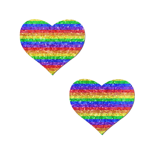 Love: Glittering Double Rainbow Heart Pasties by Pastease® o/s. Two glittery rainbow heart shaped nipple covers on a white background. Perfect for a festival, pride, burlesque performance, only fans content or a party.