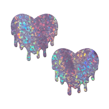Load image into Gallery viewer, Melty heart: Lilac Melting Heart Pasties by Pastease® o/s. Two lilac iridescent heart shaped nipple covers on a white background. Perfect for a festival, pride, burlesque performance, only fans content or a party.
