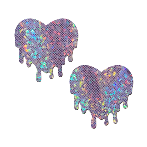 Melty heart: Lilac Melting Heart Pasties by Pastease® o/s. Two lilac iridescent heart shaped nipple covers on a white background. Perfect for a festival, pride, burlesque performance, only fans content or a party.