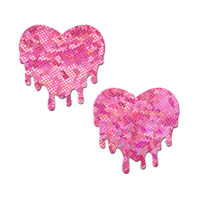 Load image into Gallery viewer, Melty heart: Pink Melting Heart Pasties by Pastease® o/s. Two pink iridescent heart shaped nipple covers on a white background. Perfect for a festival, pride, burlesque performance, only fans content or a party.
