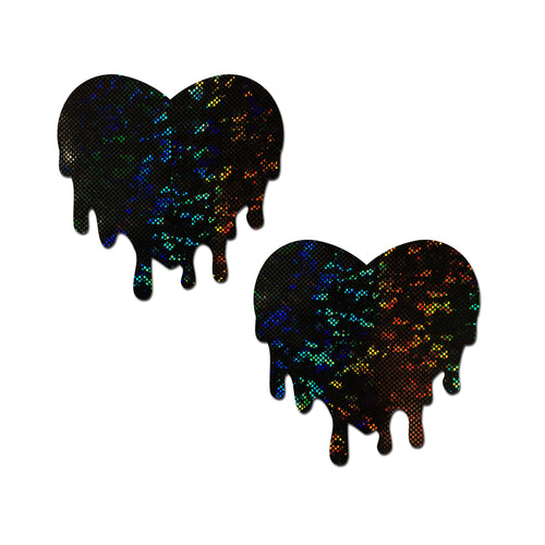 Melty Heart: Melty Heart Nipple Pasties by Pastease. Two holographic black drippy style shaped hearts on a white background. Perfect for a festival, pride, burlesque performance, only fans content or a party.