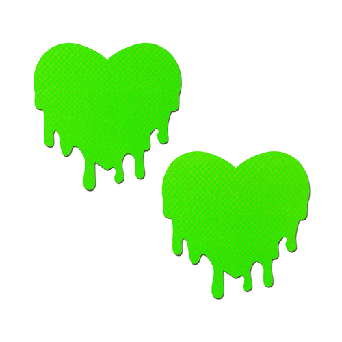 Melty heart: Neon Green Melting Heart Pasties by Pastease®. Two neon green drippy heart shaped nipple covers on a white background. Perfect for a festival, pride, burlesque performance, only fans content or a party.