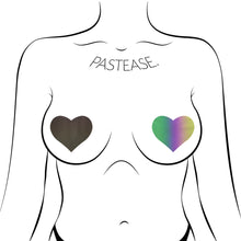 Load image into Gallery viewer, Love: Reflective Rainbow Heart Nipple Pasties by Pastease®. Two reflective black to rainbow heart shape nipple covers shown on a femme body outline for size reference on a white background.
