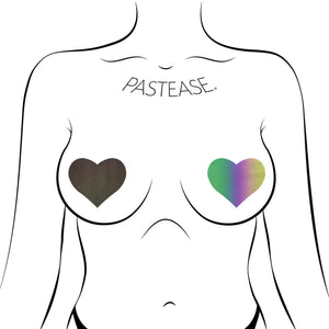 Love: Reflective Rainbow Heart Nipple Pasties by Pastease®. Two reflective black to rainbow heart shape nipple covers shown on a femme body outline for size reference on a white background.