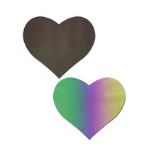 Load image into Gallery viewer, Love: Reflective Rainbow Heart Nipple Pasties by Pastease®. Two reflective black to rainbow heart shape nipple covers shown on a white background. Perfect for a festival, pride, burlesque performance, only fans content or a party.
