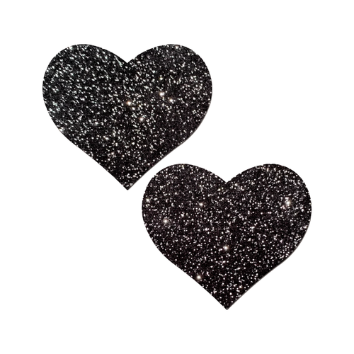 Love: Sparkle Velvet Heart Pasties by Pastease® o/s. Two glittery black heart shaped nipple covers on a white background. Perfect for a festival, pride, burlesque performance, only fans content or a party.