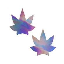 Load image into Gallery viewer, Indica Pot Leaf: Lavender Holographic Pasties by Pastease® o/s. Two shimmering holographic lilac weed shaped nipple covers on a white background. Perfect for a festival, pride, burlesque performance, only fans content or a party.
