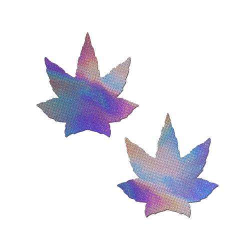 Indica Pot Leaf: Lavender Holographic Pasties by Pastease® o/s. Two shimmering holographic lilac weed shaped nipple covers on a white background. Perfect for a festival, pride, burlesque performance, only fans content or a party.