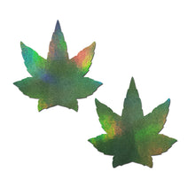 Load image into Gallery viewer, Indica Pot Leaf: Green Holographic Weed Pasties by Pastease® o/s. Two holographic green weed shaped nipple covers on a white background. Perfect for a festival, pride, burlesque performance, only fans content or a party.
