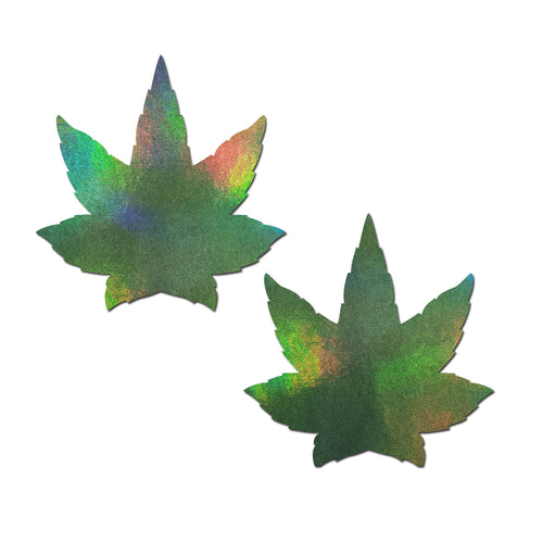 Indica Pot Leaf: Green Holographic Weed Pasties by Pastease® o/s. Two holographic green weed shaped nipple covers on a white background. Perfect for a festival, pride, burlesque performance, only fans content or a party.