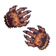 Monster Hands Pasties: Classy Werewolf Claws Nipple Covers by Pastease®. Two brown monster style hands with long claws and gold jewellery in a clasped shape nipple covers shown on a white background. Perfect for a festival, pride, burlesque performance, only fans content or a party.