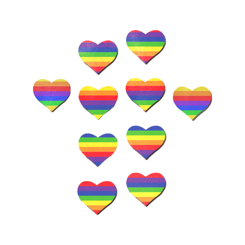 Body Minis: 10 Mini Rainbow Hearts Nipple & Body Pasties by Pastease®. Ten mini rainbow striped heart shape body stickers on a white background. Perfect for a festival, pride, burlesque performance, only fans content or a party.