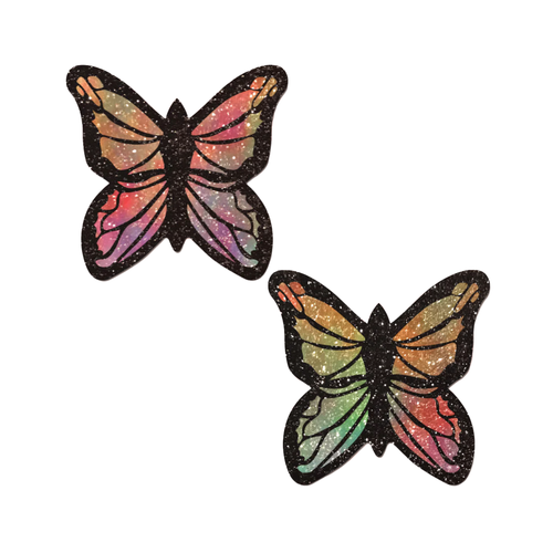 Monarch: Glitter Pastel Rainbow Butterfly Pasties by Pastease® o/s. Two glittery pastel rainbow tie dye butterfly shaped nipple covers on a white background. Perfect for a festival, pride, burlesque performance, only fans content or a party.