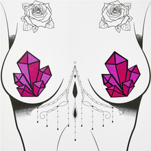 Load image into Gallery viewer, The Crystal: Dazzling Multi-Color Crystal Cluster Nipple Pasties by Pastease shown on a femme body outline for size reference on a white background.
