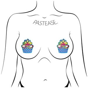 The Cupcake: Turquoise & Multi-Color Happy Birthday Nipple Pasties by Pastease shown on a femme body outline for size reference on a white background. 