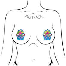 Load image into Gallery viewer, Cupcake: Pink &amp; Multi-colour Happy Birthday Pasties by Pastease® o/s. Two pink cupcake shaped nipple covers with a happy birthday banner, candles and rainbow sprinkle icing shown on a femme body outline for size reference on a white background.
