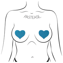 Load image into Gallery viewer, Love: Matte Black Heart Nipple Pasties by Pastease®. Two matte black heart shaped nipple covers shown on a femme body outline for size reference on a white background.
