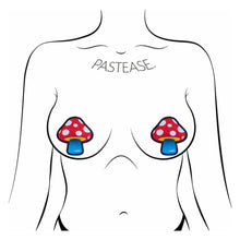 Load image into Gallery viewer, The Mushroom: Colourful Shroom Nipple Pasties by Pastease shown on a femme body outline for size reference on a white background.
