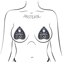 Load image into Gallery viewer, The Ouija Planchette Nipple Pasties by Pastease. Two ouija board planchette nipple covers shown on a femme body outline for size reference on a white background.
