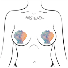 Load image into Gallery viewer, The Mermaid: J. Valentine® Pastel Tie-Dye Rainbow Seashell Nipple Pasties by Pastease shown on a femme body outline for size reference on a white background.
