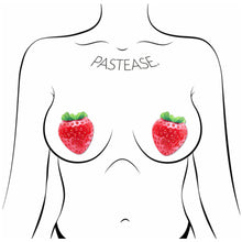 Load image into Gallery viewer, The Strawberry: Sparkly Red &amp; Juicy Berry Nipple Pasties by Pastease. Two glitter red strawberry nipple covers shown on a femme body outline for size reference on a white background.
