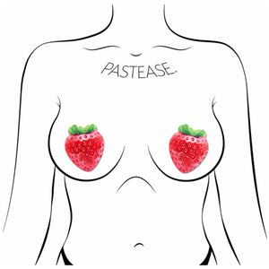 The Strawberry: Sparkly Red & Juicy Berry Nipple Pasties by Pastease. Two glitter red strawberry nipple covers shown on a femme body outline for size reference on a white background.