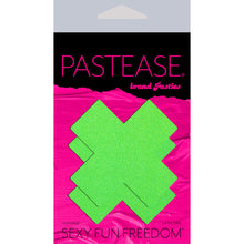 Load image into Gallery viewer, The Plus X: Neon Green (Blacklight Reactive) Cross Nipple Pasties by Pastease in the pink and black pastease packaging on a white background.
