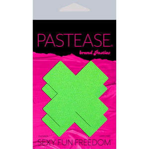 The Plus X: Neon Green (Blacklight Reactive) Cross Nipple Pasties by Pastease in the pink and black pastease packaging on a white background.
