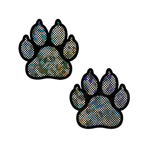 Paw Print on Shattered Glass Disco Ball Silver Pasties by Pastease® o/s. Two iridescent paw shaped nipple covers with a black outline on a white background. Perfect for a festival, pride, burlesque performance, only fans content or a party.
